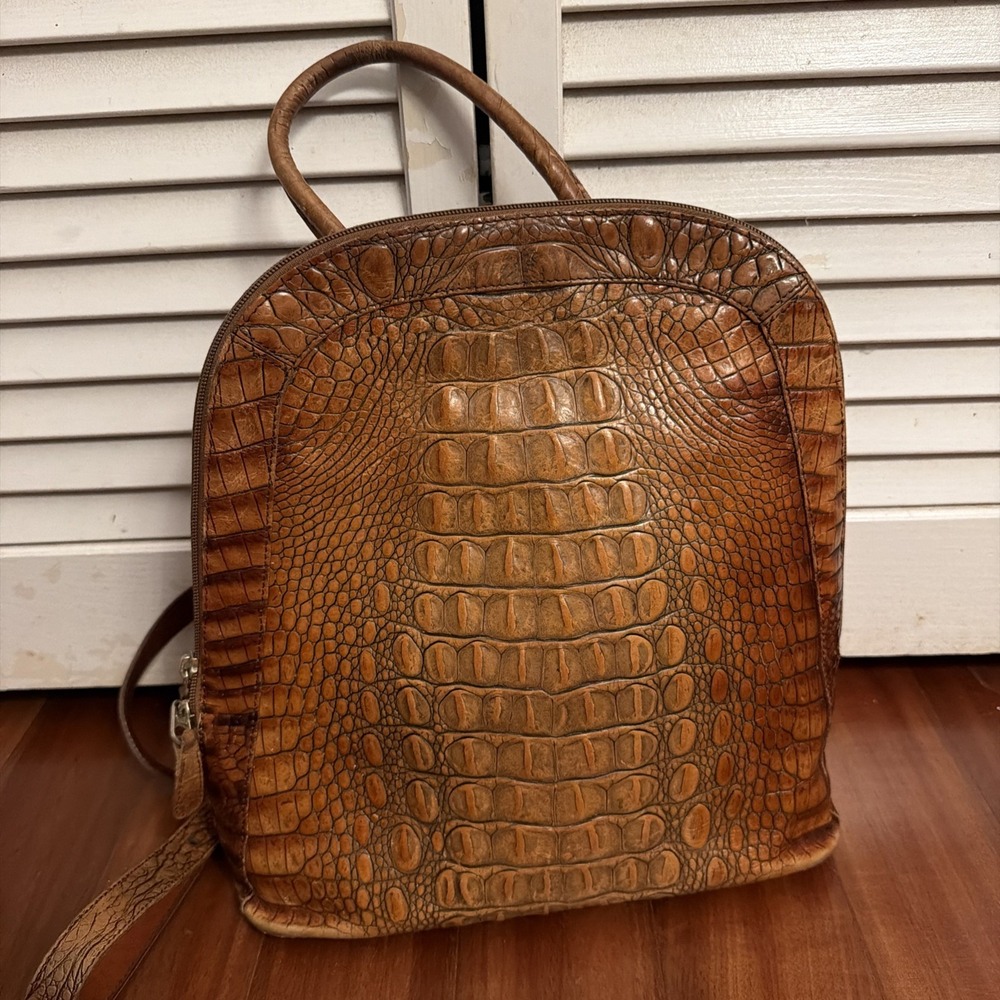 Brahmin Leather Croc Embossed Backpack Clutch Medium Brown Gold Feet - Picture 2 of 16